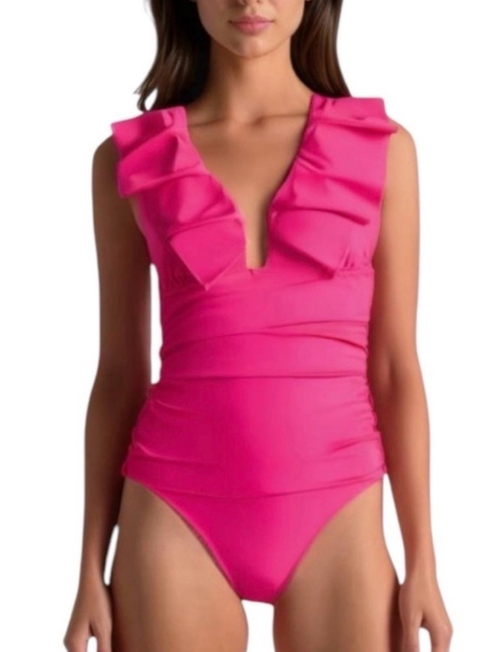 J.Crew Ruffle Plunge One Piece Swimsuit Hot Pink Size 4 NWT Ruched